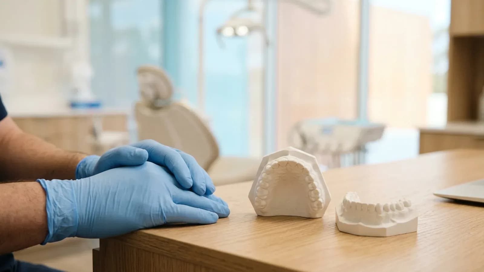 Hände in blauen Nitrilhandschuhen neben Gipsmodellen eines Ober- und Unterkiefers auf einem hellen Tisch in der Praxis