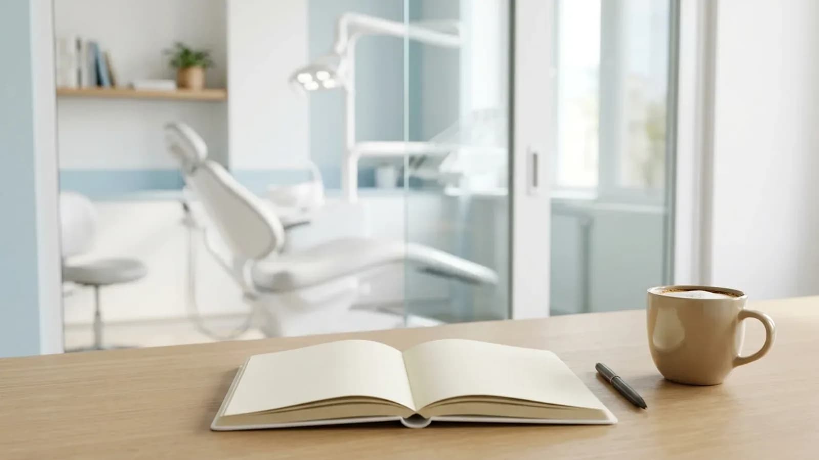 Schreibtisch im Praxisbüro mit leerem Notizbuch, Stift und Kaffeetasse, dahinter unscharf ein Behandlungsstuhl