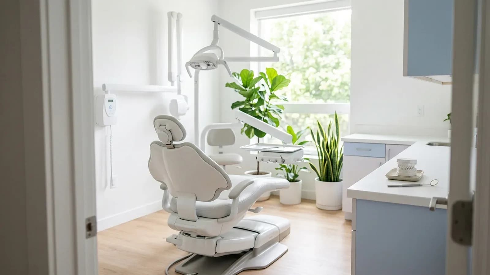 Bright dental treatment room seen from the doorway with a white chair, operating light and plants by the window