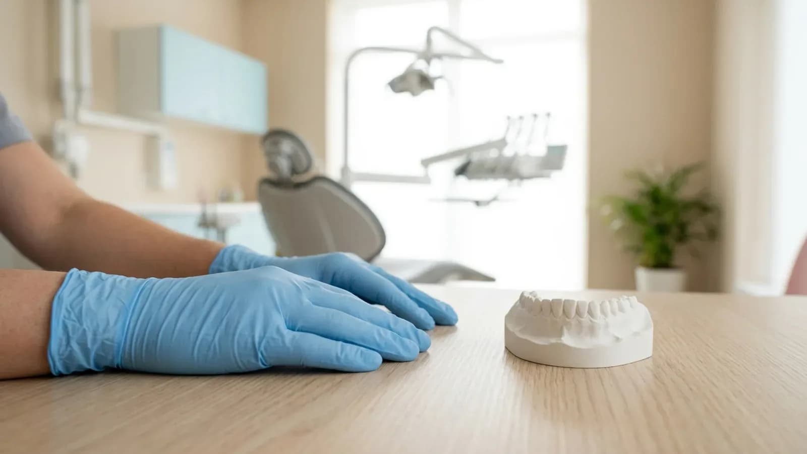 Hands in blue nitrile gloves resting on a desk beside a gypsum model of a lower arch, a bright treatment room behind