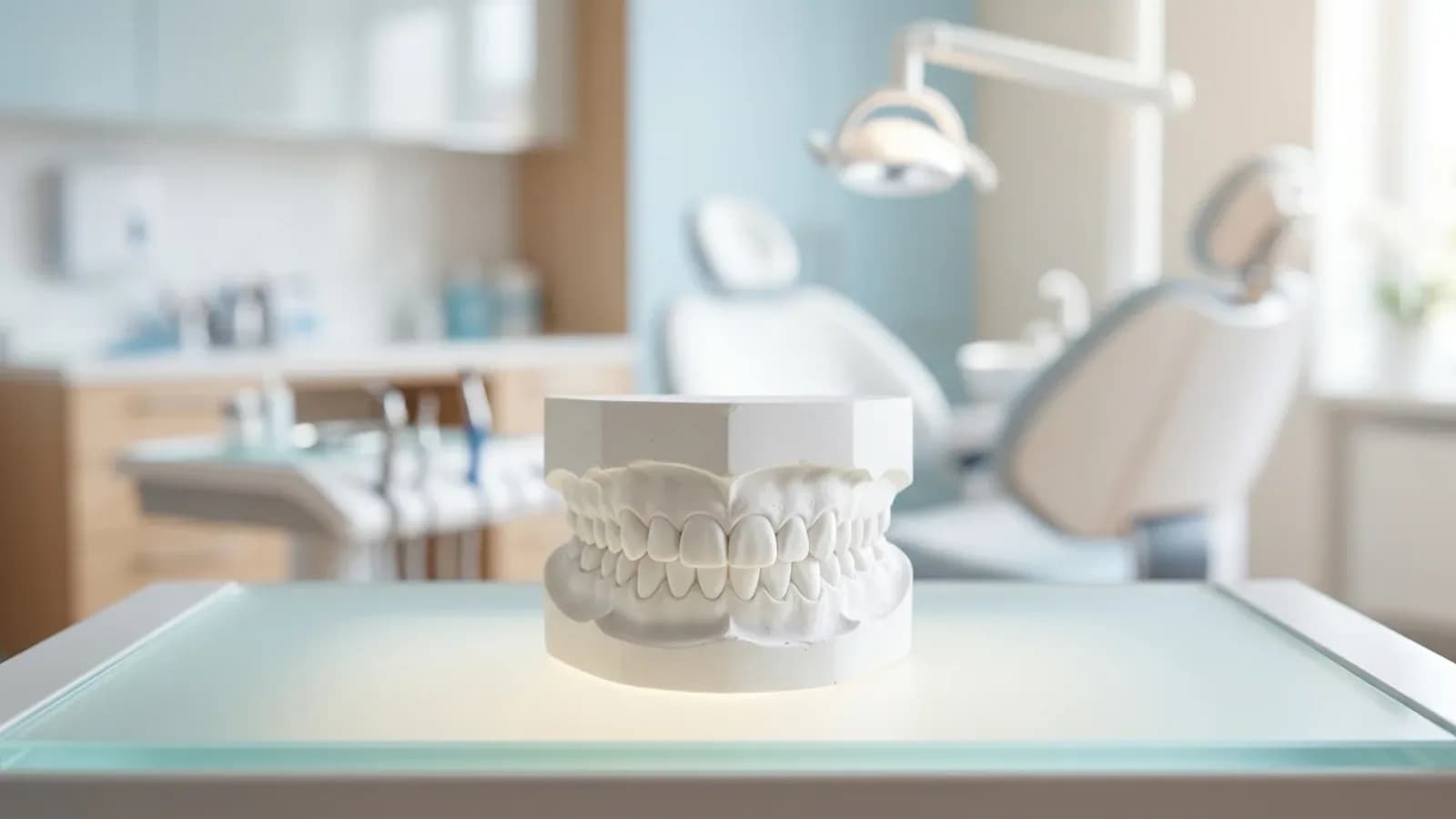 Gypsum models of upper and lower arches in occlusion on a frosted glass table, a bright dental practice blurred behind
