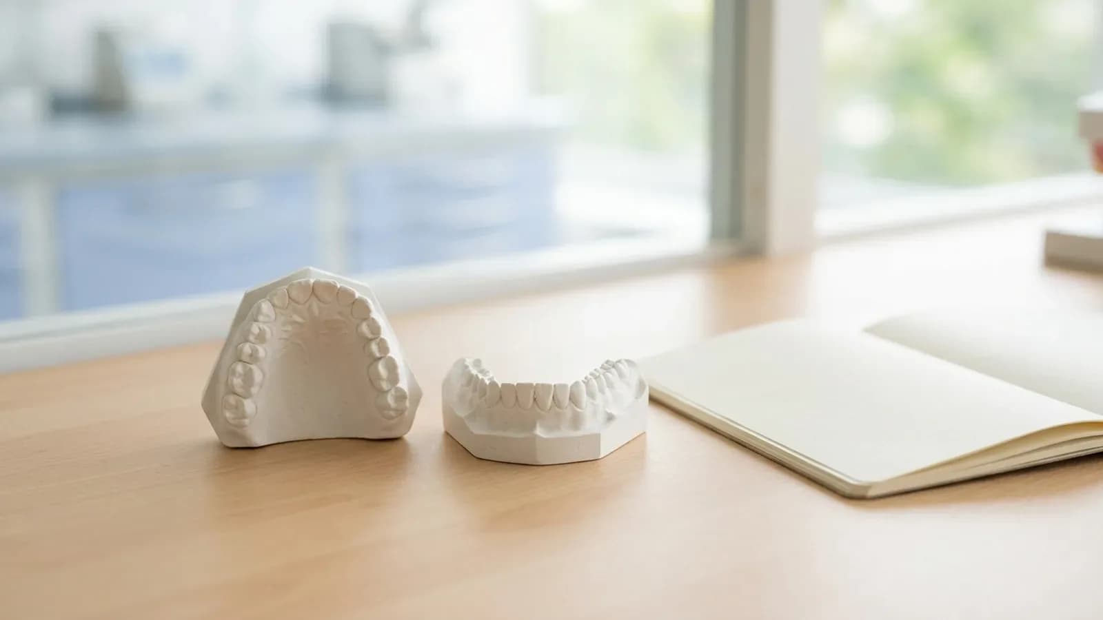 Gypsum models of an upper and a lower arch seen from above on a lab bench by a window, next to a blank sketchbook