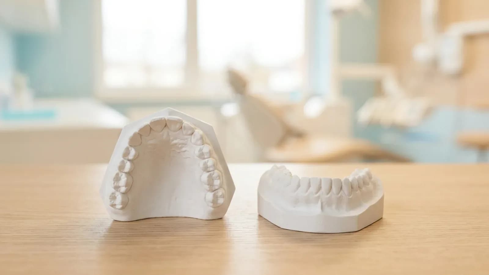 Gipsmodelle von Ober- und Unterkiefer, von oben gesehen, auf einer Holzwerkbank im Dentallabor, Praxis im Hintergrund
