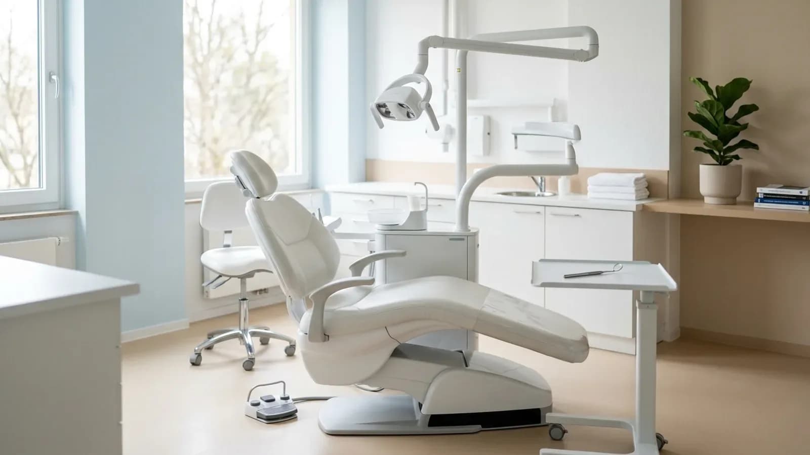 Bright treatment room with a white dental chair, operating light and an assistant's stool in soft daylight, no people