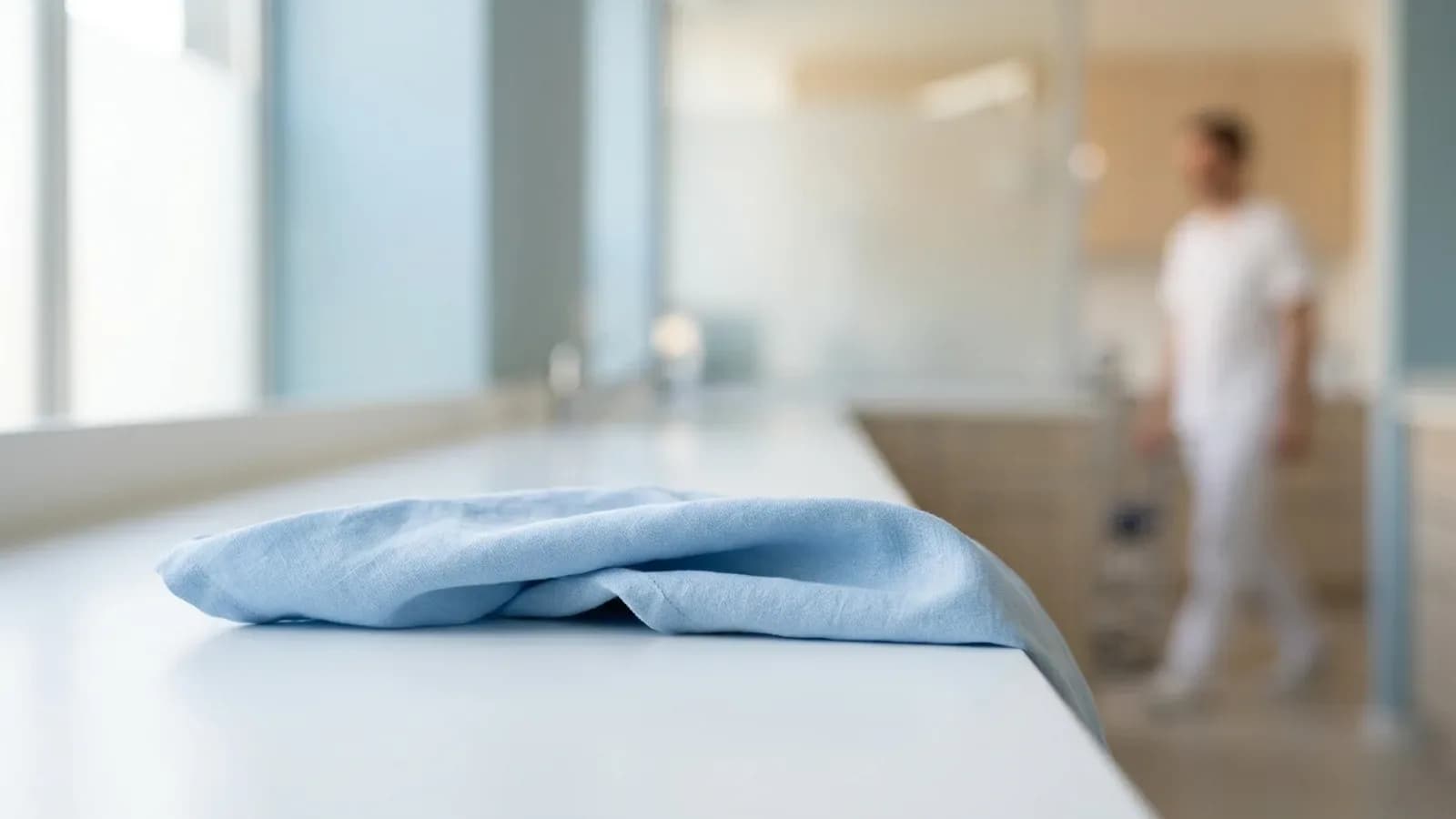 Gefaltetes pastellblaues Tuch auf einer glatten weißen Arbeitsfläche im Tageslicht, im Hintergrund unscharf ein Teammitglied