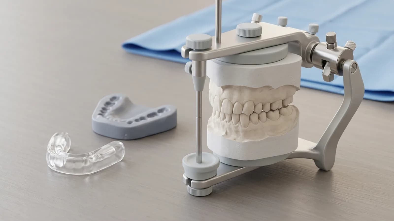 Small resin anterior jig and a rigid interocclusal record next to upper and lower stone casts mounted in an articulator