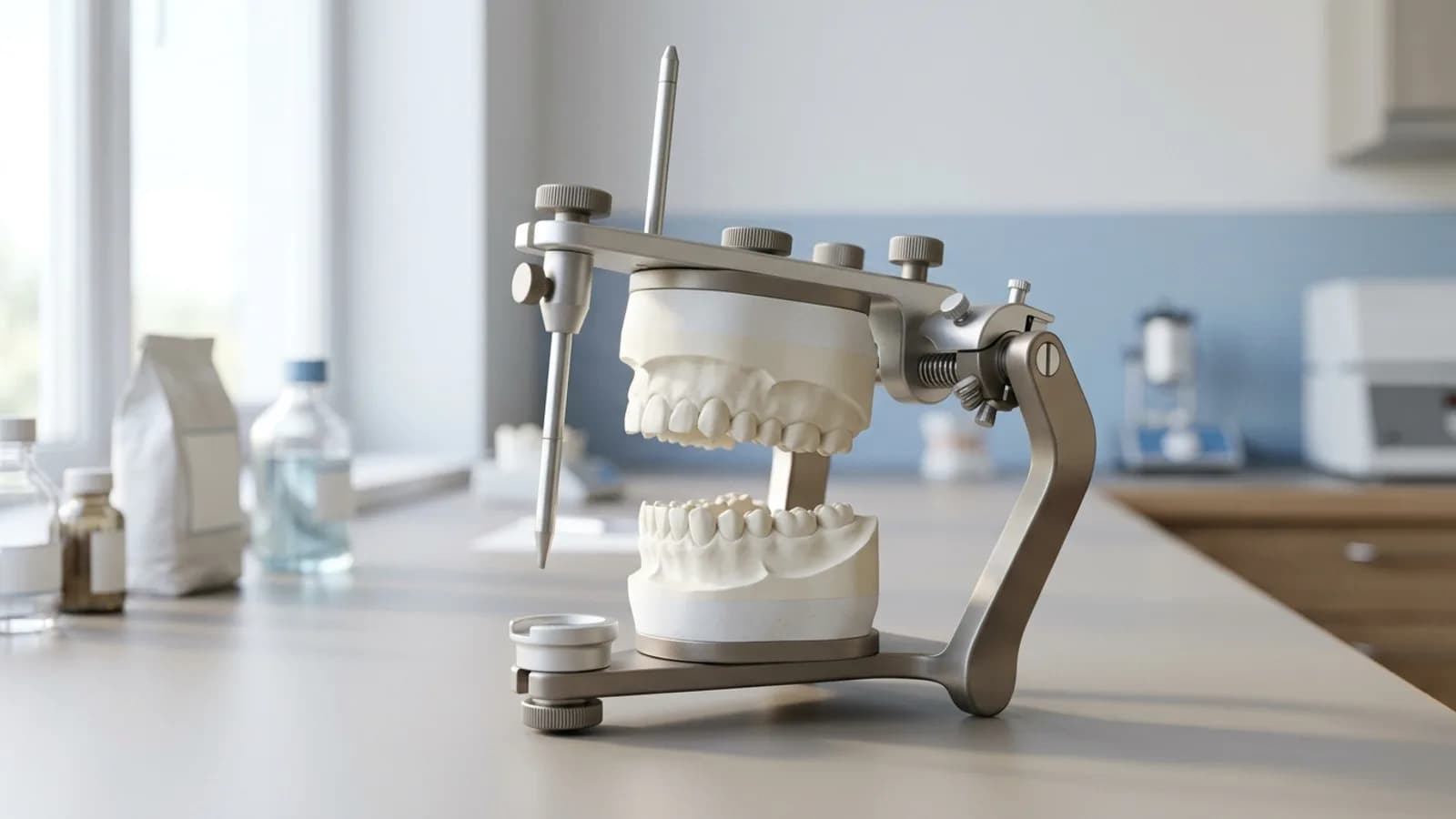 Dental articulator with mounted stone casts and an opened incisal pin set to a raised vertical dimension on a lab bench
