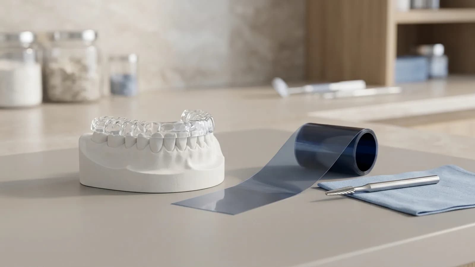 Clear hard acrylic stabilisation splint on a maxillary stone cast next to thin occlusion foil and an acrylic trimming bur