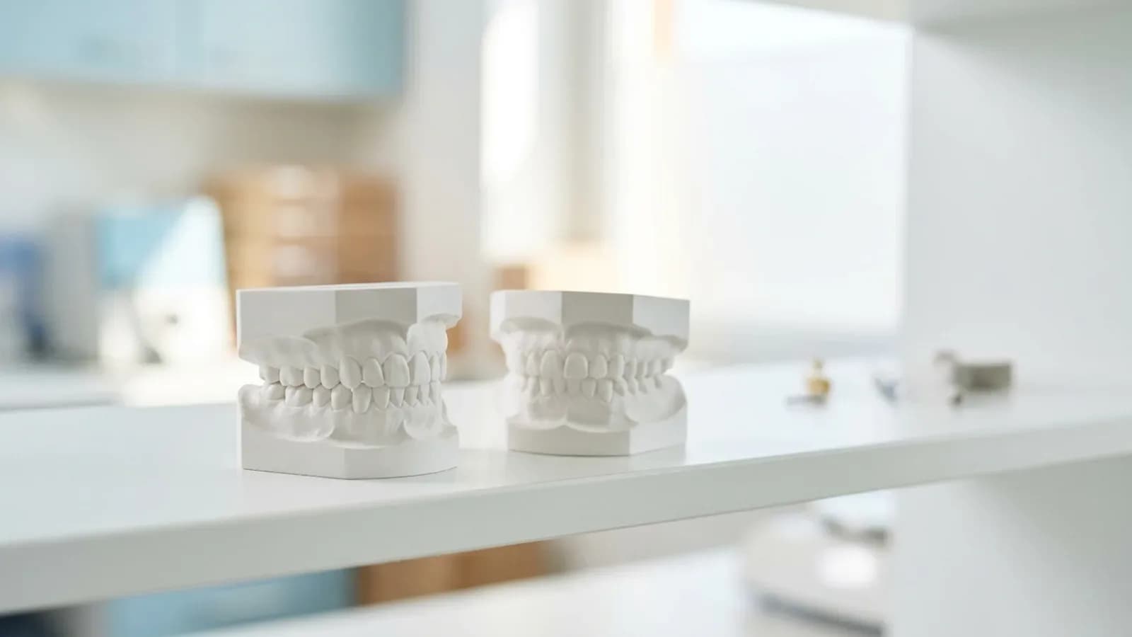 Two pairs of gypsum models of upper and lower arches in occlusion standing on a white shelf in a bright dental lab