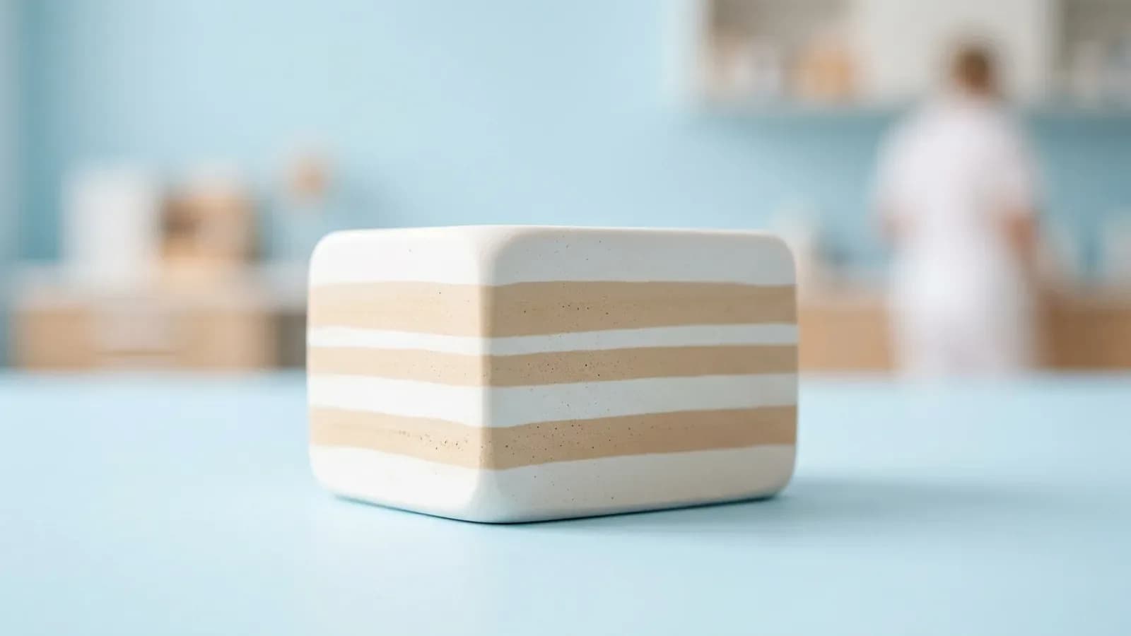 Smooth block of white and beige material in even horizontal layers on a pastel blue surface, blurred lab behind