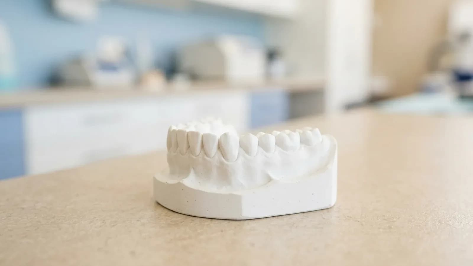 Gipsmodell eines vollständigen Unterkiefers auf einer hellen Laborbank, im Hintergrund unscharf ein Dentallabor