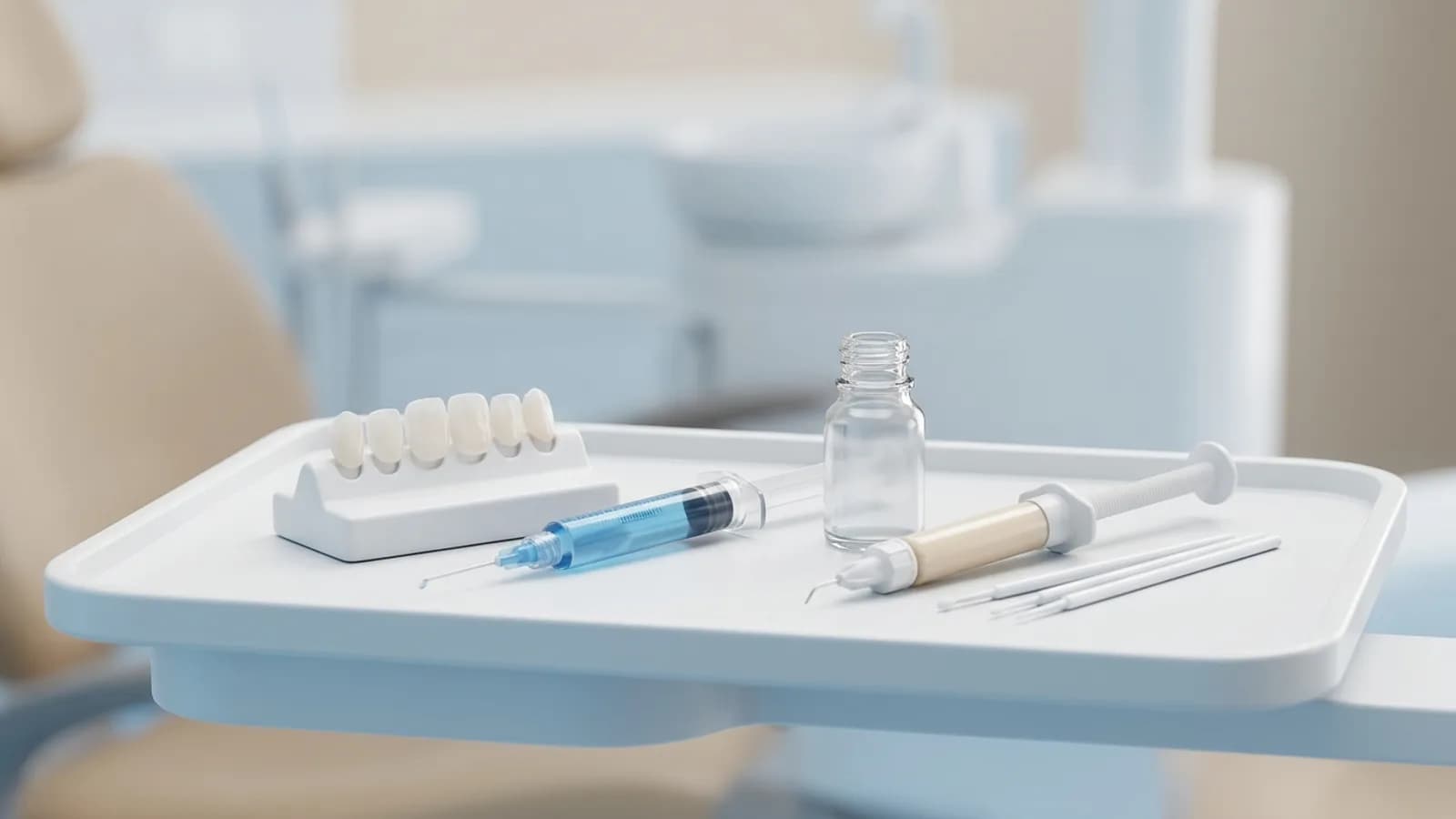 Geätzte Keramikveneers auf einem Halter neben Ätzgel, Silanflasche, Befestigungskomposit und Mikrobrush auf einer Arbeitsfläche