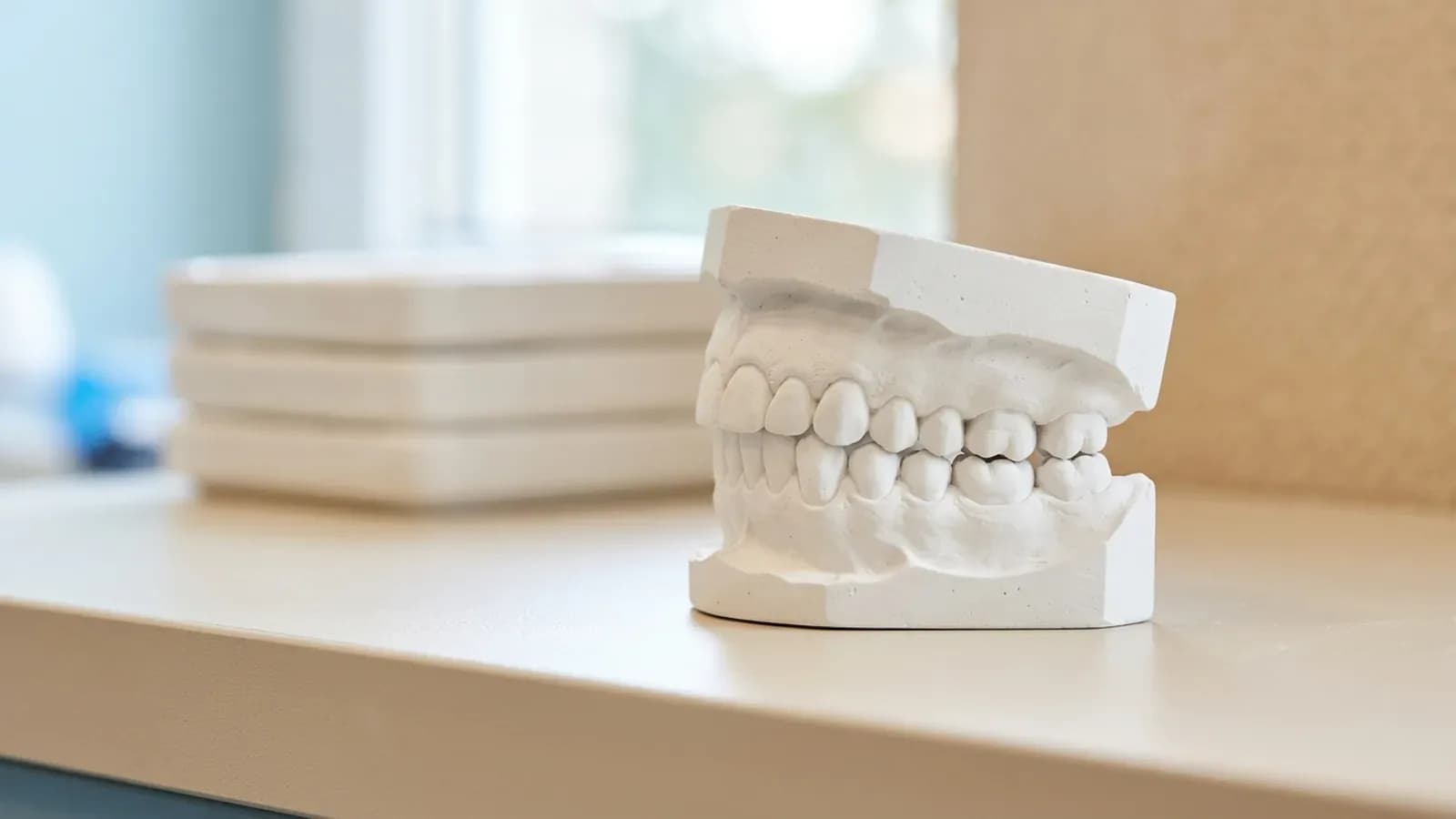 Side view of gypsum models of a complete upper and lower arch in occlusion on a light lab bench in a bright room